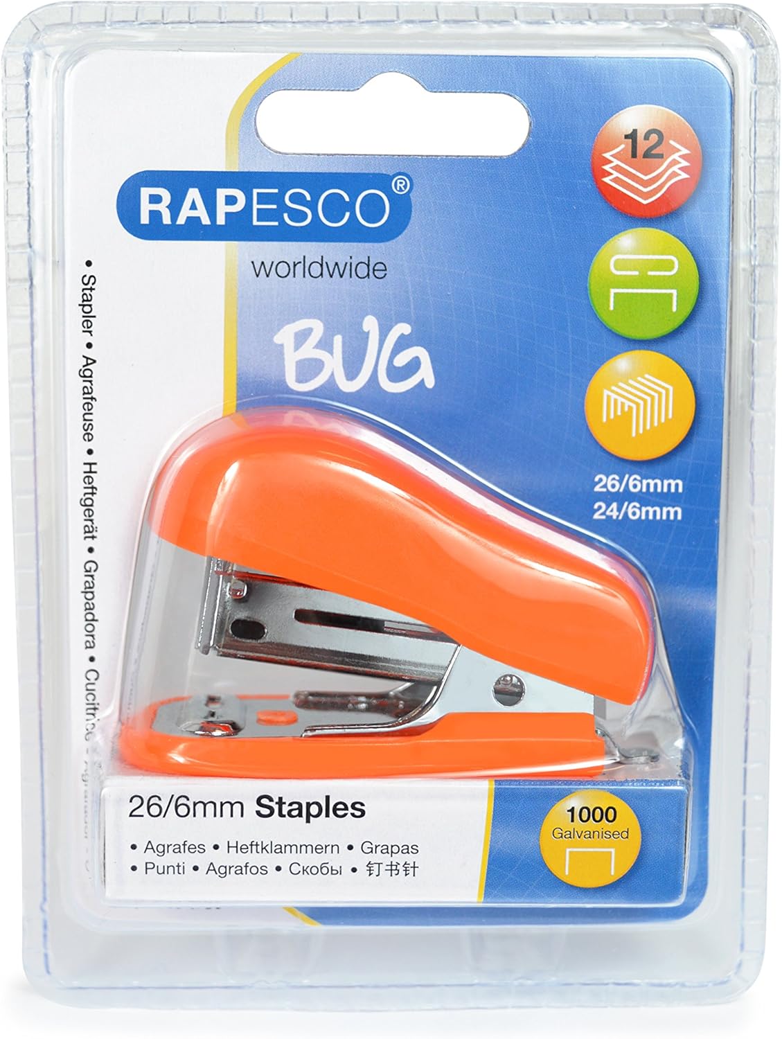 Rapesco 1410 Bug Mini Stapler, 12 Sheet Capacity, Orange