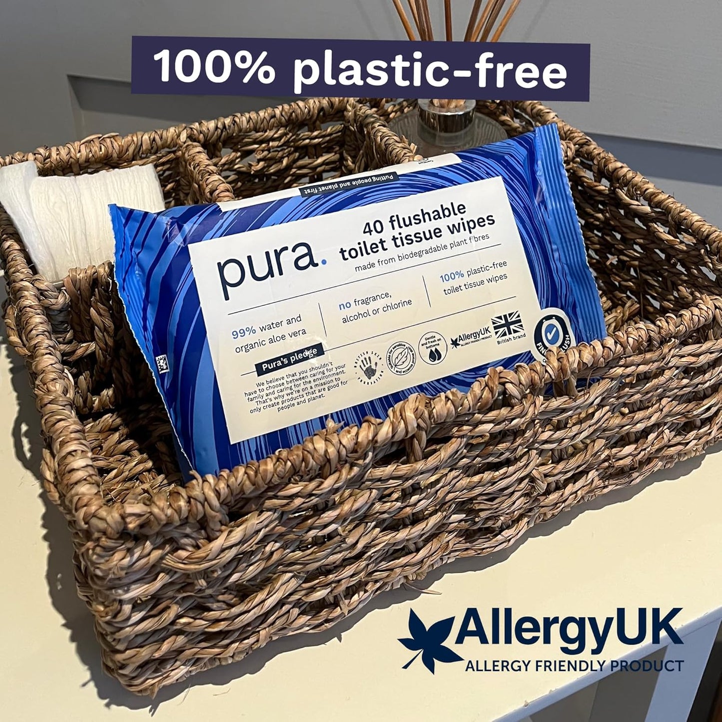 Pura Flushable Moist Toilet Tissue Wipes, 1 Pack of 40 Wet Wipes, 100% Plastic Free, 99% Water Clean Washlets, Certified ‘Fine to Flush’ Biodegradable, Compostable, Vegan, Gentle Clean