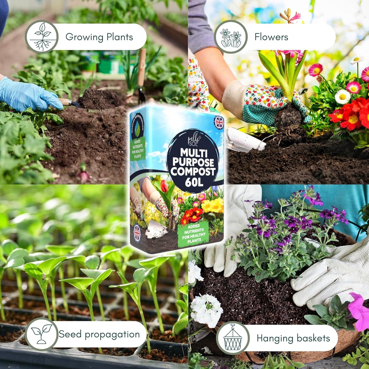 Pelle & Sol 60L Multi Purpose Compost - Compost for Outdoor Plants & Soil for Plants Indoors - Potting Soil for Pots Plants Outdoor - All Purpose Nutrient Rich Fertiliser, Houseplant Potting Mix