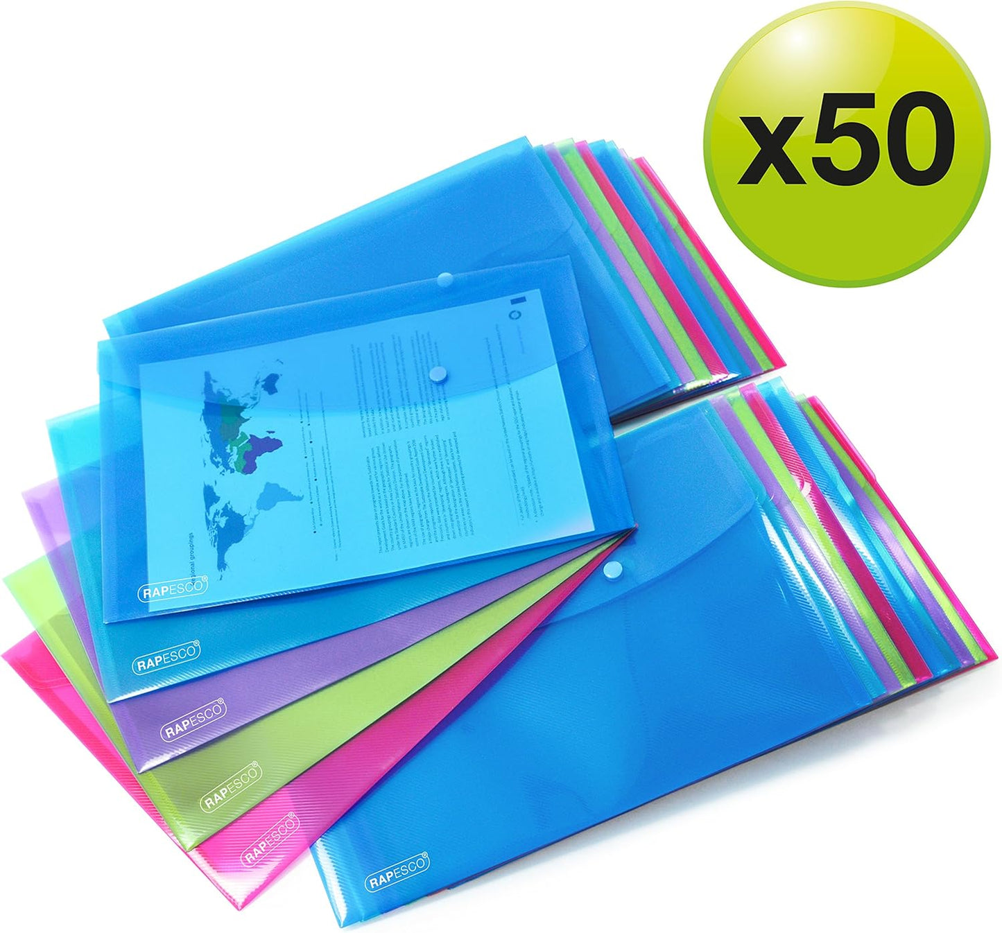 Rapesco 1495 Popper Wallets, A4+ / Foolscap, Assorted Transparent Colours, Pack of 50