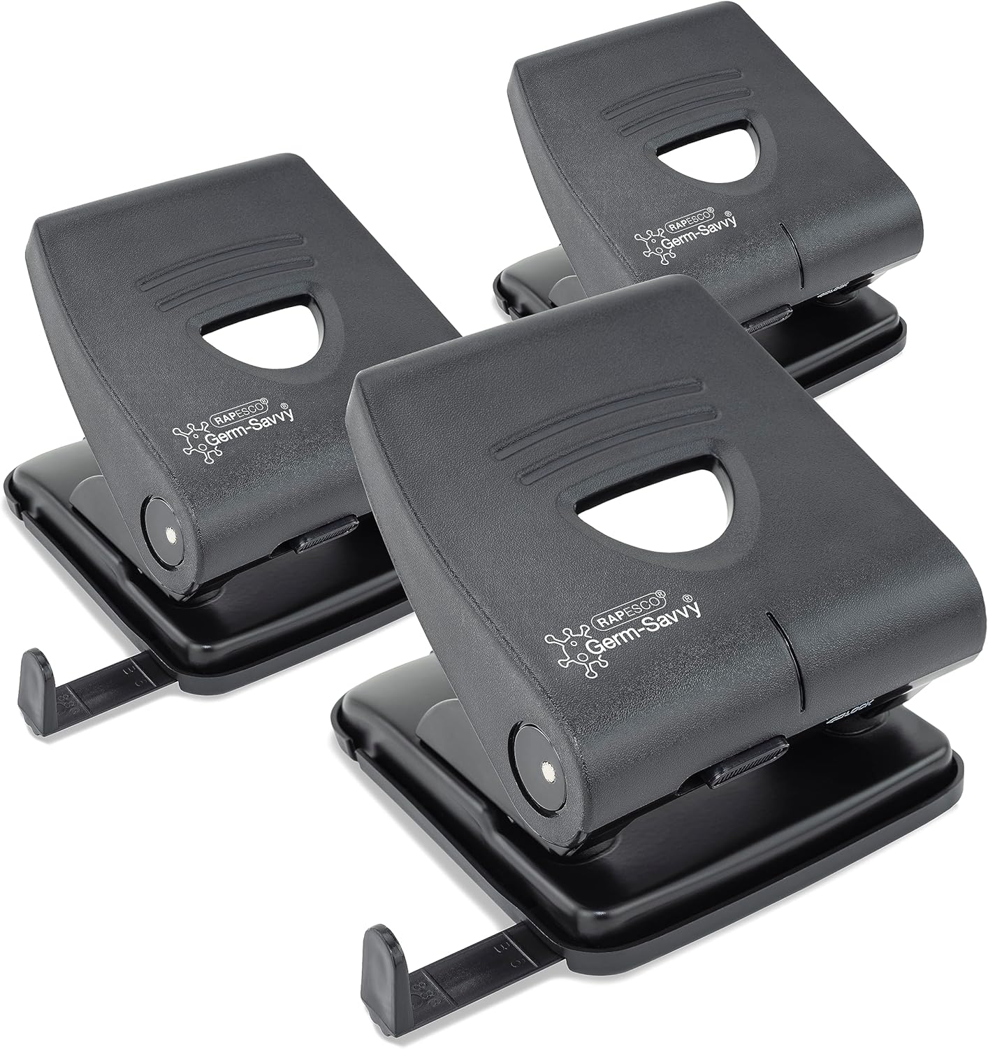 Rapesco 1738 Business Pack: Germ-Savvy Antibacterial 827-P 2-Hole Punch, 30 Sheet Capacity, Black, Pack of 3