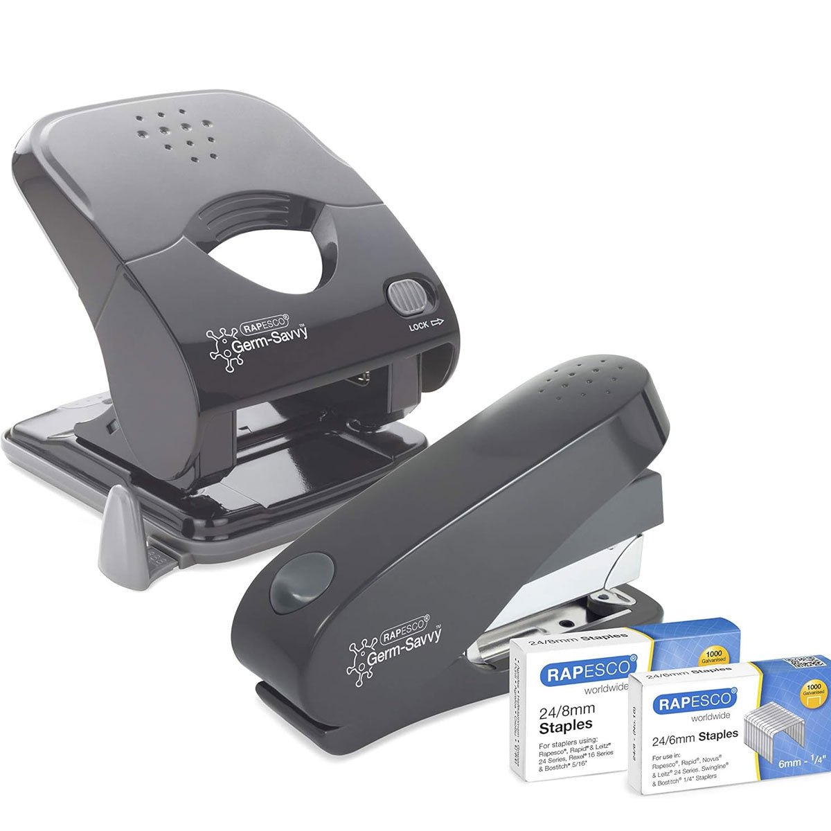 Rapesco 1633 Germ-Savvy Antibacterial, ECO Luna Less Effort Stapler & ECO X5-40ps Less Effort Hole Punch Set, Dark Grey