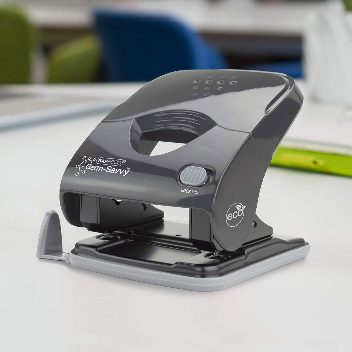 Rapesco 1633 Germ-Savvy Antibacterial, ECO Luna Less Effort Stapler & ECO X5-40ps Less Effort Hole Punch Set, Dark Grey