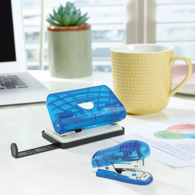 Rapesco 1719 Bug Stapler and 810-P 2-Hole Punch Set with 1000 26/6mm Staples, Transparent Blue