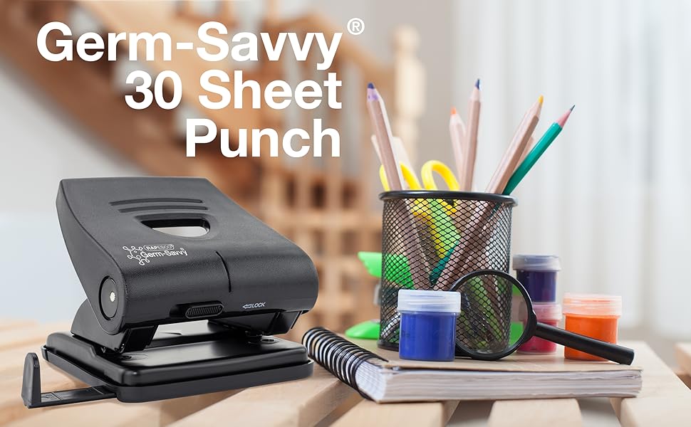 Rapesco 1738 Business Pack: Germ-Savvy Antibacterial 827-P 2-Hole Punch, 30 Sheet Capacity, Black, Pack of 3