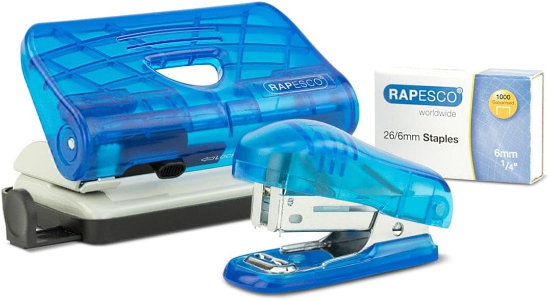 Rapesco 1719 Bug Stapler and 810-P 2-Hole Punch Set with 1000 26/6mm Staples, Transparent Blue