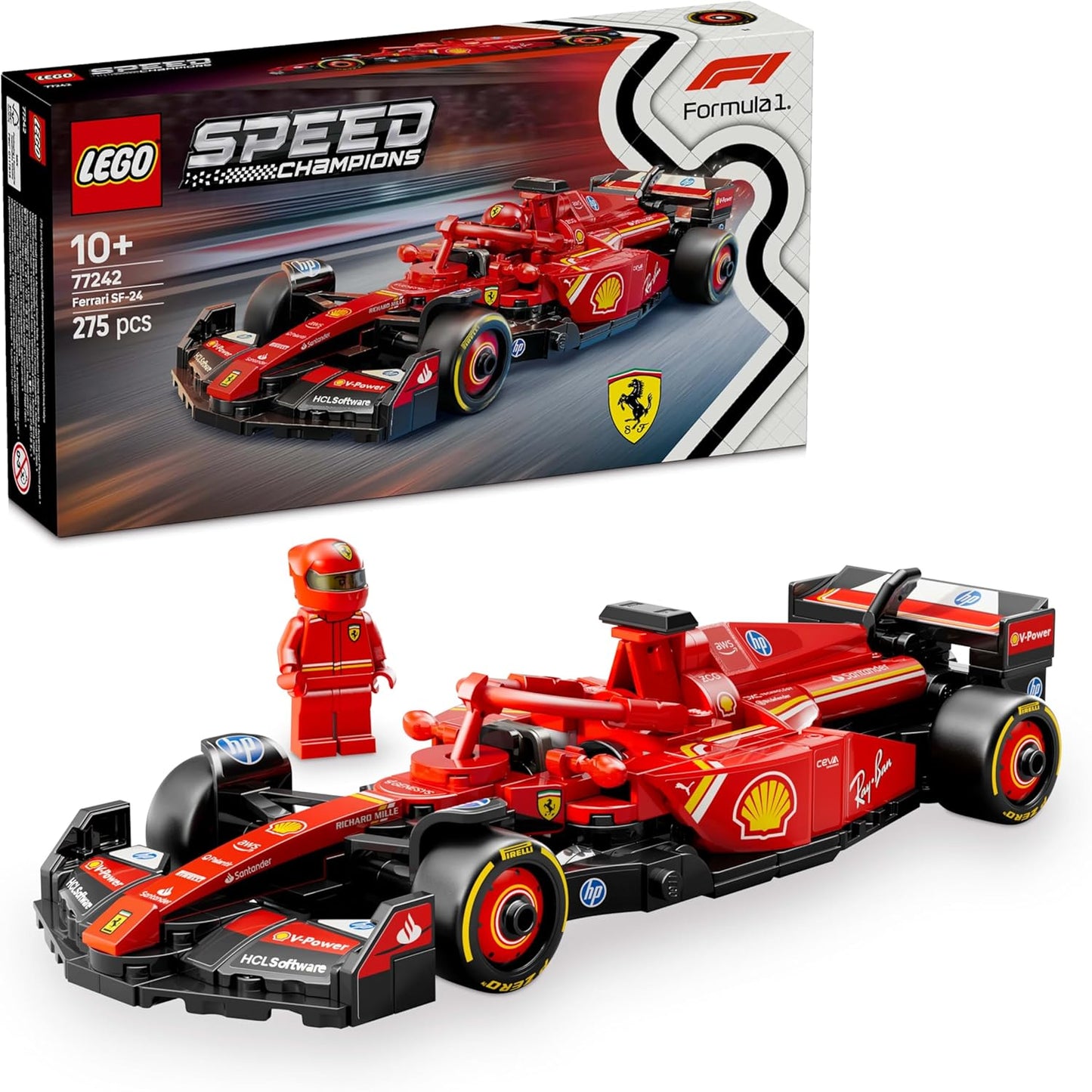 LEGO Ferrari SF-24 F1 Car Toy with Driver Minifigure – Gift for Kids & Adults