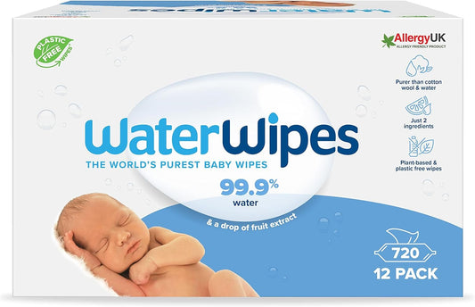 WaterWipes Plastic-Free Original Baby Wipes, 99.9% Water Based Wipes, Unscented for Sensitive Skin | 720 count (Pack of 12)