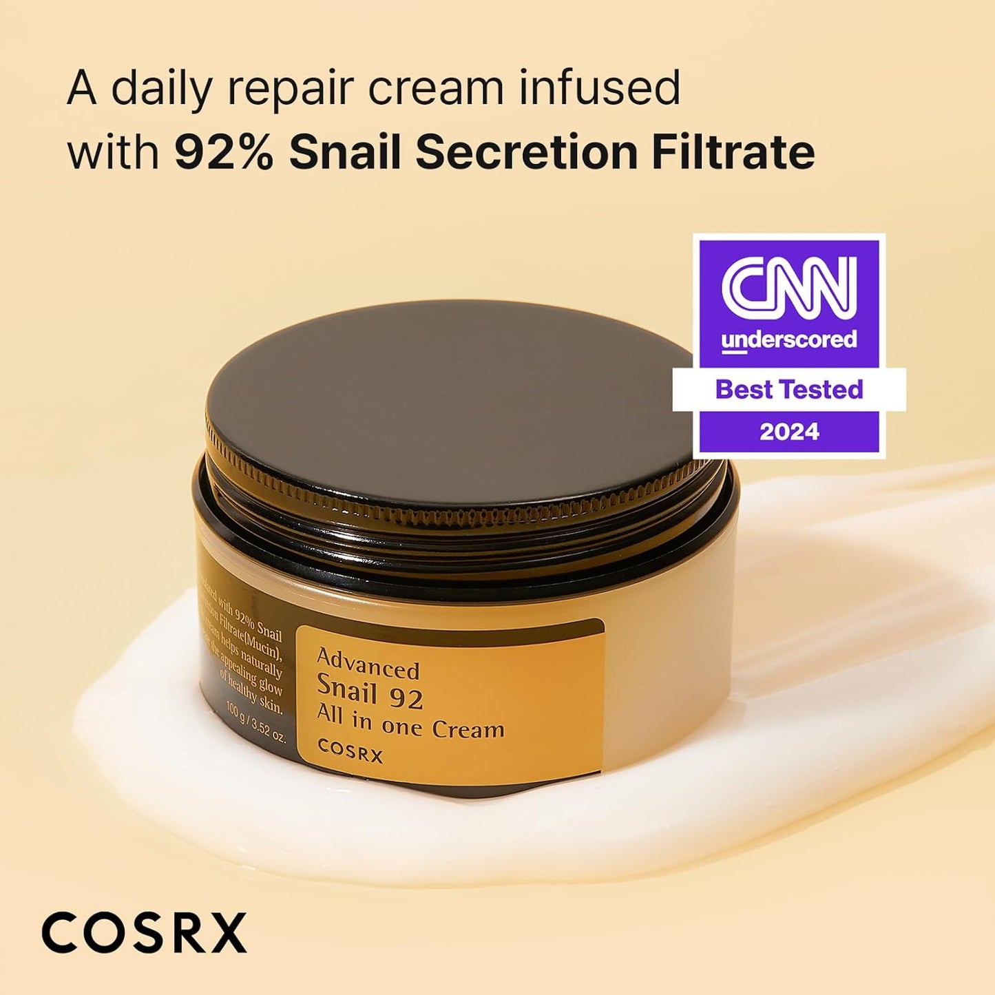 COSRX Advanced Snail 92 All in One Cream Korean Snail Mucin Face Cream & Gel Moisturiser for Dry Sensitive and Anti Aging Skin, Daily Soothing and Moisturising Cream, Korean Skincare 100g