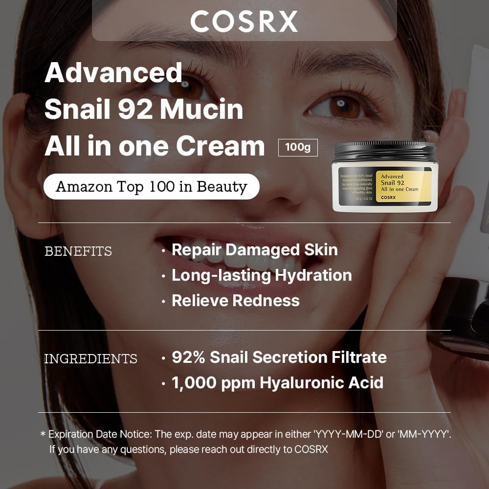 COSRX Advanced Snail 92 All in One Cream Korean Snail Mucin Face Cream & Gel Moisturiser for Dry Sensitive and Anti Aging Skin, Daily Soothing and Moisturising Cream, Korean Skincare 100g