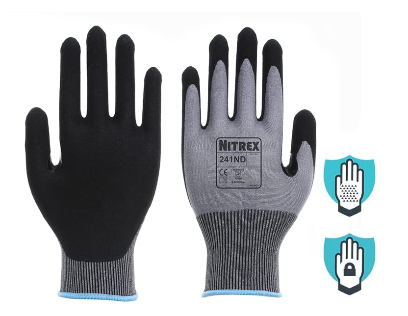 Nitrex 241ND Work and Safety Gloves, Bag of 10 Pairs, Size 8 - D Rated Cut Resistant Gloves with a Sandy Nitrile Palm Coating