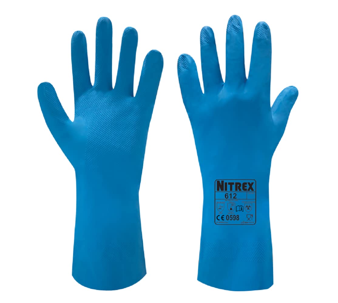 Nitrex 612 Chemical Resistant Safety Gloves, Bag of 10 Pairs, Size 6 - Unlined Nitrile Chemical Resistant Gauntlet Gloves