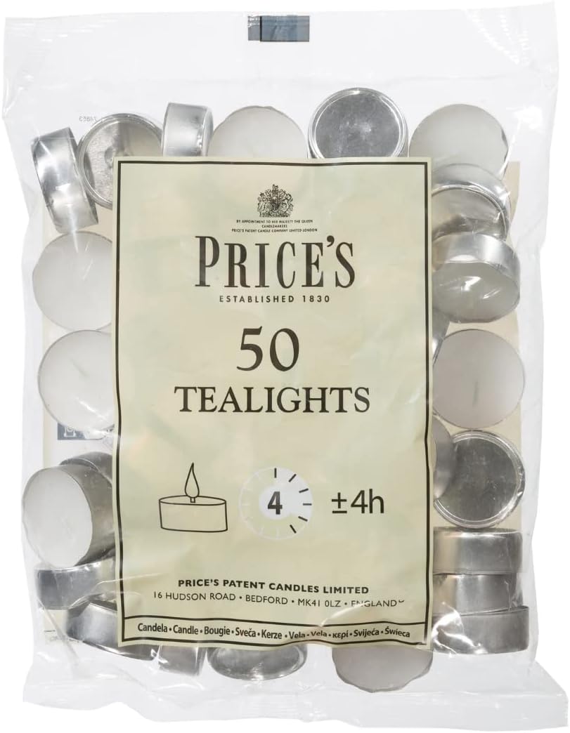 Prices Patent Candles White Tealights Bag, Pack of 50, Wax, l x 3.8cm w x 1.8cm h, Unscented [Energy Class A]