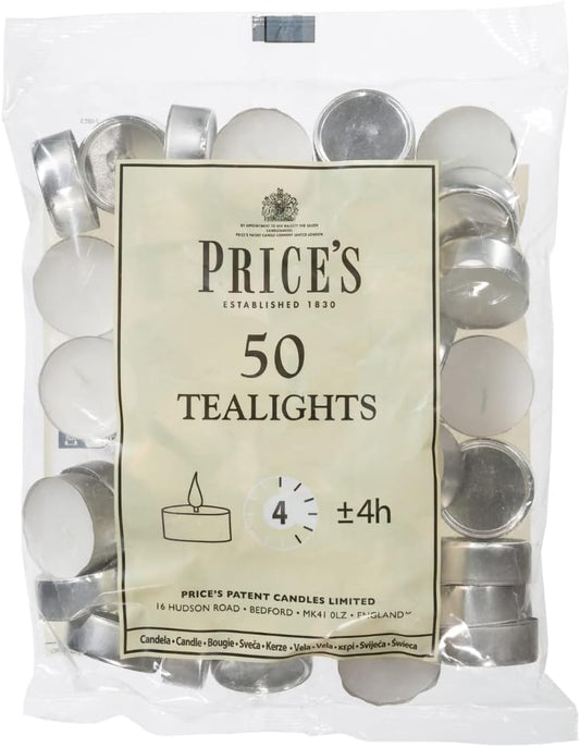Prices Patent Candles White Tealights Bag, Pack of 50, Wax, l x 3.8cm w x 1.8cm h, Unscented [Energy Class A]