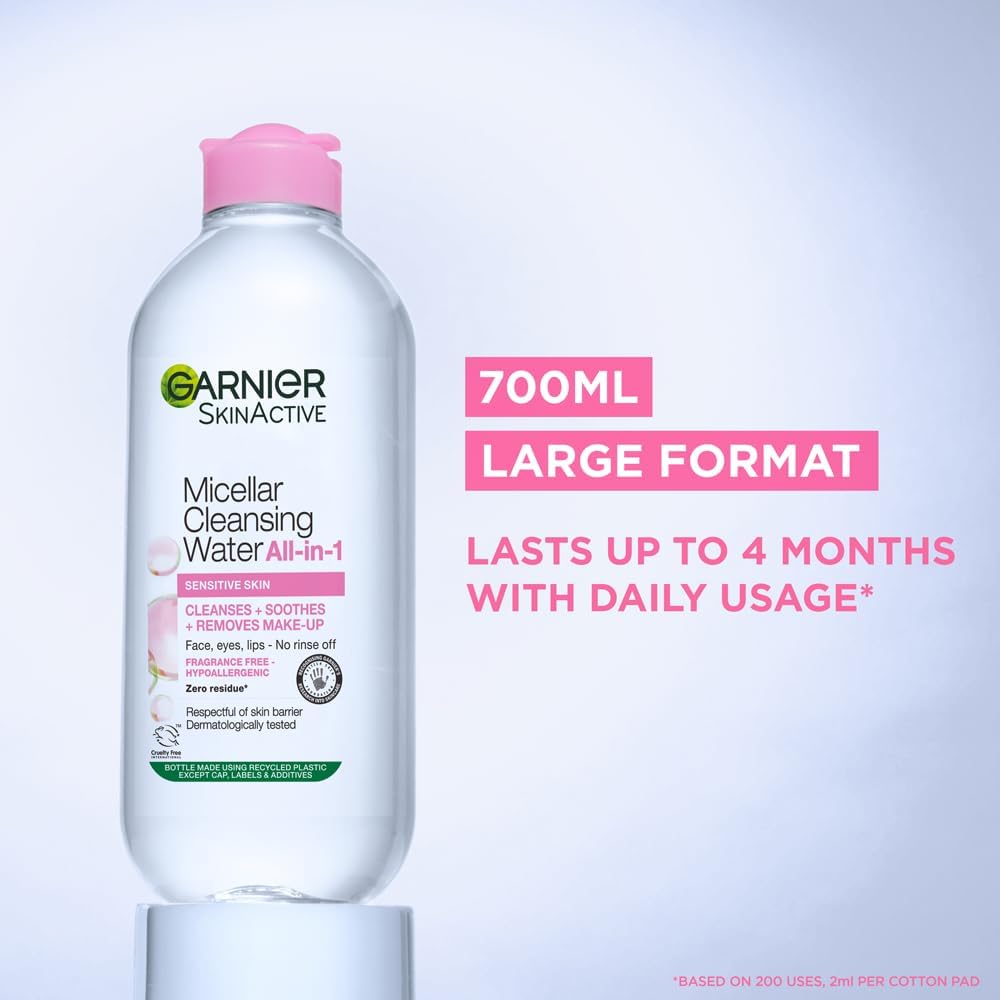 Garnier Micellar Cleansing Water, Gentle face Cleanser & Makeup Remover, Fragrance-Free, Vegan Formula, Suitable For All Skin Types, Even Sensitive, Skin Active, 700ml