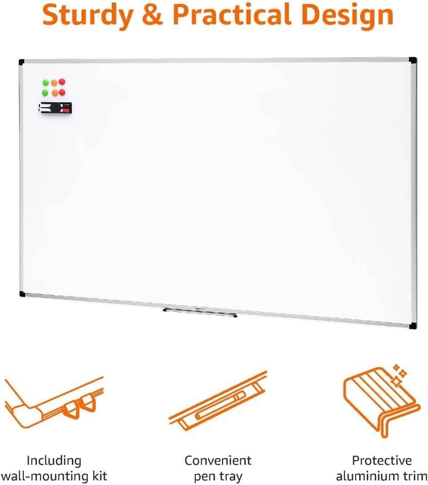 Amazon Basics Magnetic Whiteboard with Pen Tray, Aluminium Trim and Dry-Wipe Writing Surface, 90 x 60cm (WxH), White