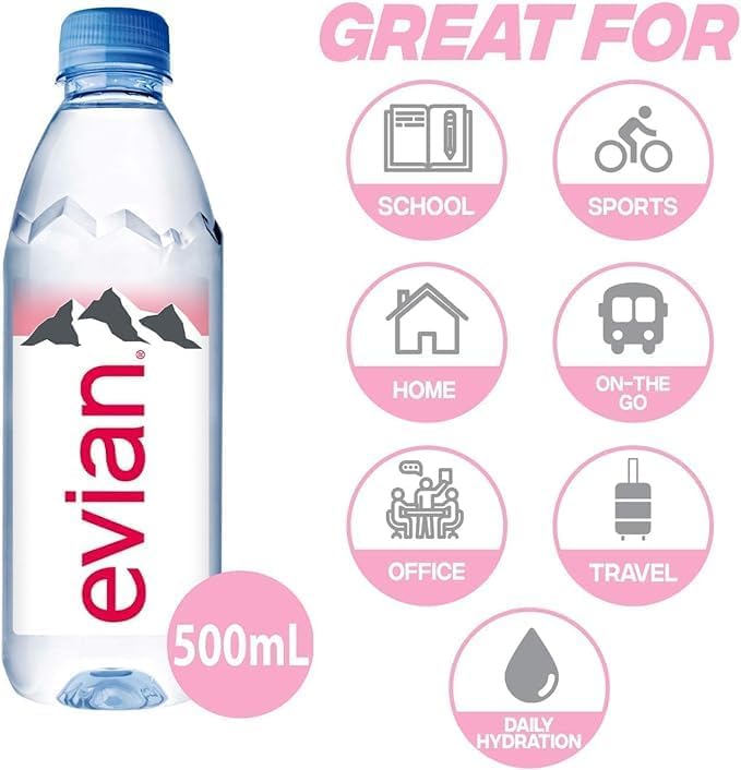 Evian Water 500ml x 24 | Mineral Water | Still Water | Crisp Taste | Carbon Neutral | Recycled plastic…