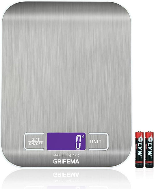 GRIFEMA GA2002 Digital Kitchen Scales, Food Weighing Scales with LCD Display, (1g/5kg) Weight Grams and Oz for Baking and Cooking, Stainless steel (Batteries Included), Blue