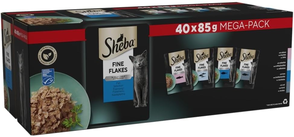 SHEBA - Adult Wet Cat Food Pouches - 40 x 85 g - Fish - Bulk Cat Food Megapack - 40 Jelly Pouches
