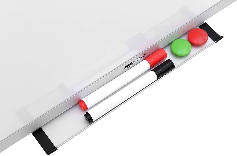 Amazon Basics Magnetic Whiteboard with Pen Tray, Aluminium Trim and Dry-Wipe Writing Surface, 90 x 60cm (WxH), White