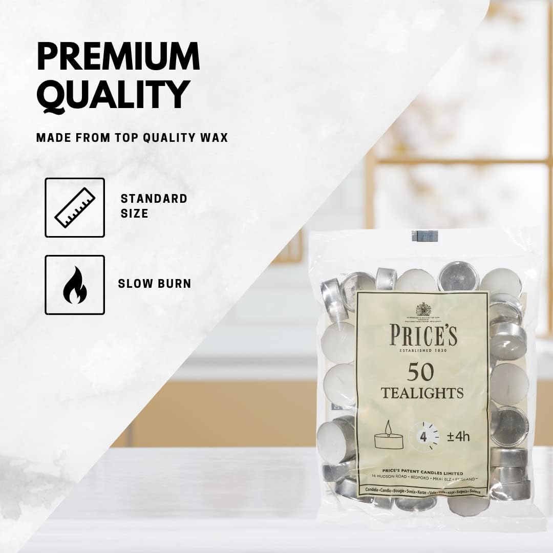 Prices Patent Candles White Tealights Bag, Pack of 50, Wax, l x 3.8cm w x 1.8cm h, Unscented [Energy Class A]