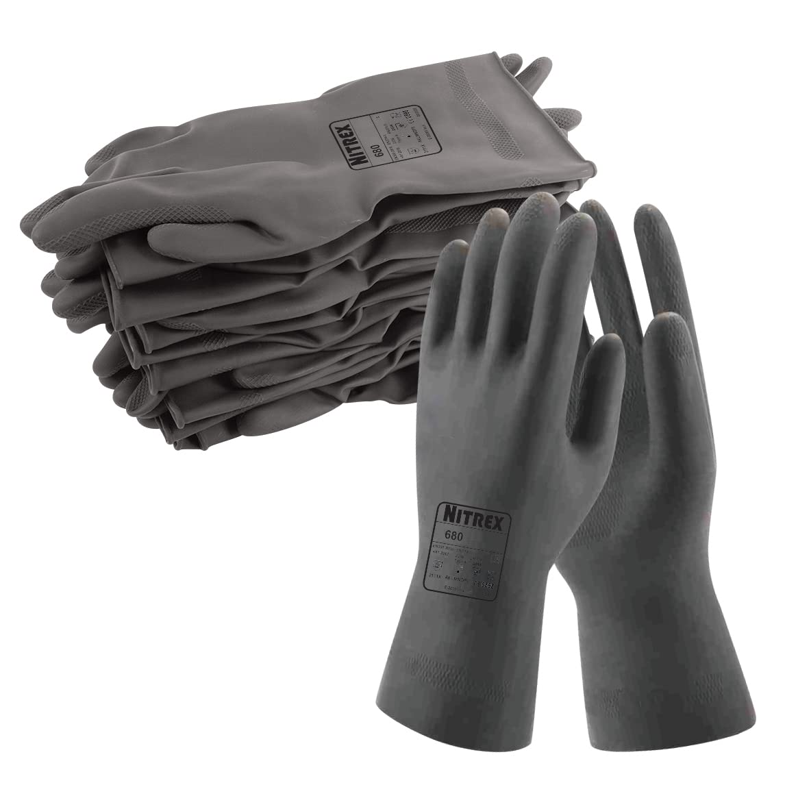 NITREX 680 Chemical Resistant Safety Gloves, Bag of 10 Pairs - Flock Lined Latex Chemical Resistant Gauntlet Gloves in Black, Size 6