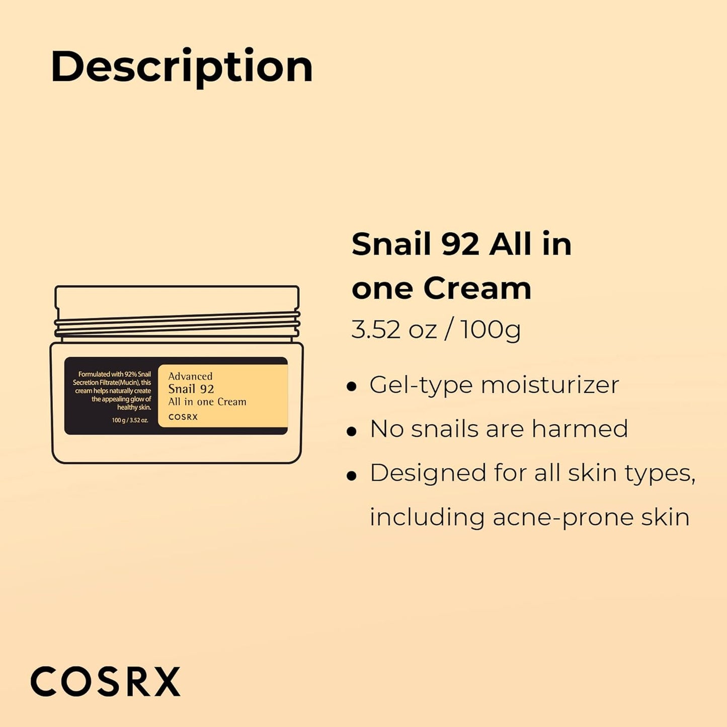 COSRX Advanced Snail 92 All in One Cream Korean Snail Mucin Face Cream & Gel Moisturiser for Dry Sensitive and Anti Aging Skin, Daily Soothing and Moisturising Cream, Korean Skincare 100g