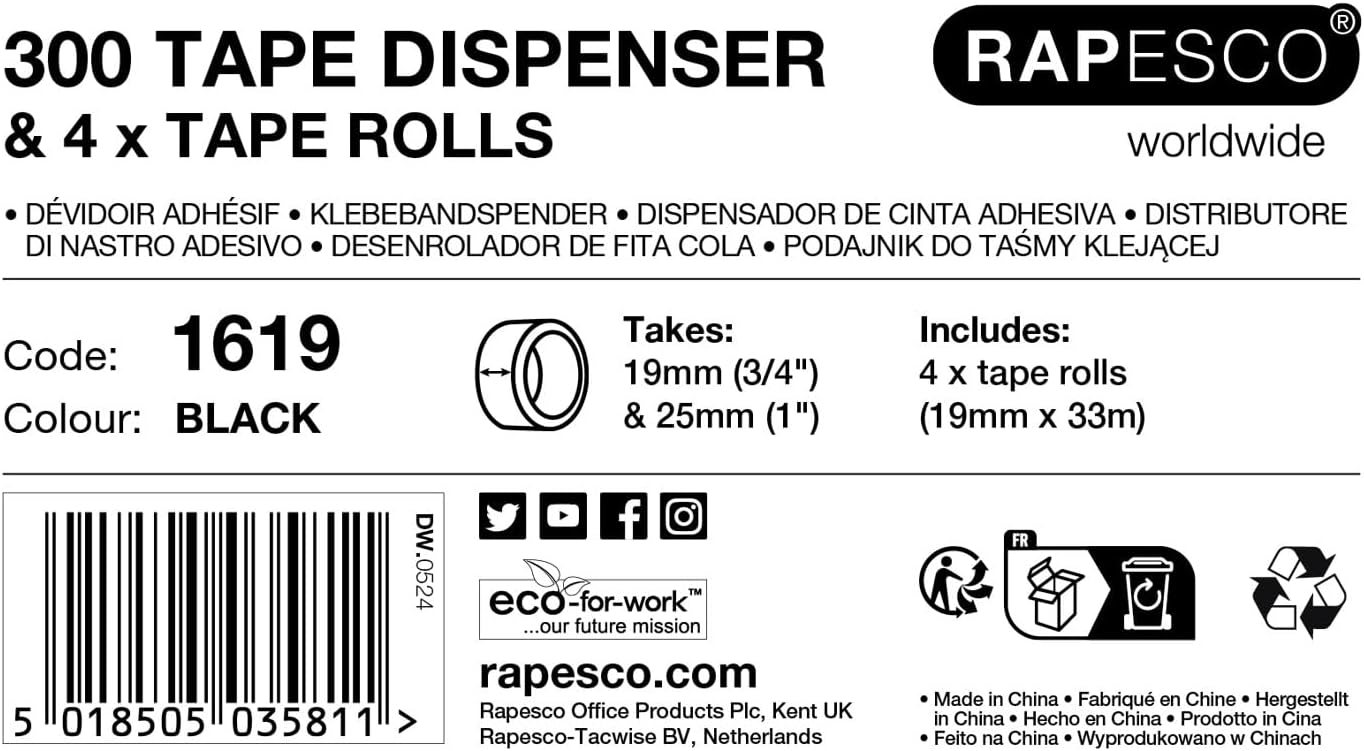Rapesco 1619 300 Tape Dispenser and 4 Tape Rolls, Black