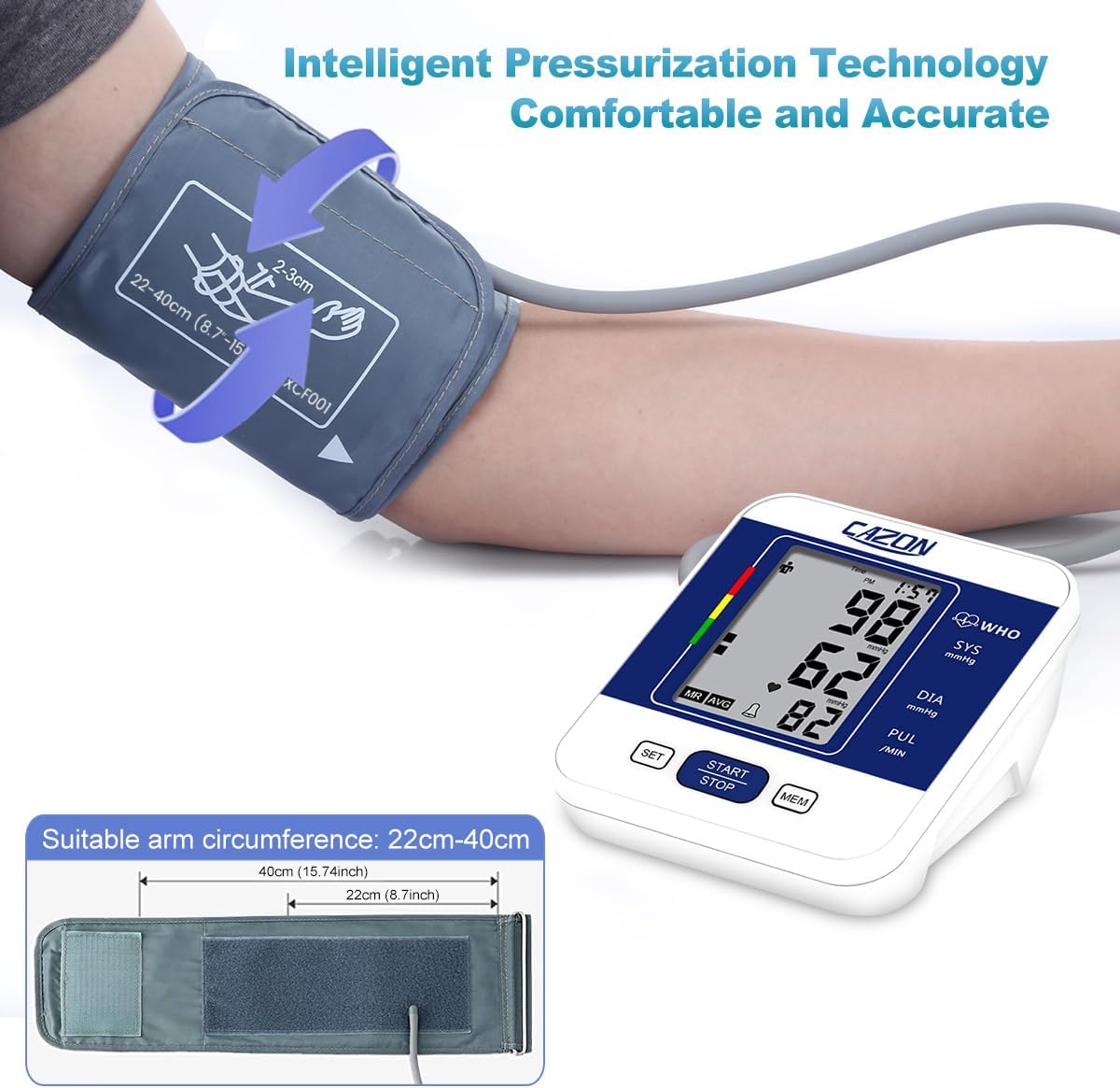 CAZON Blood Pressure Monitors Large Cuff Blood Pressure Machine Medical BP Monitor Upper Arm BP Cuff for Home Use Heart Rate Hypertension Monitor, Cuff 22-40cm LCD Display (Blue)