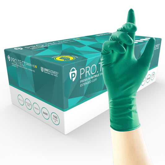 Unigloves PRO.TECT Green HD+ Nitrile Extended Cuff Disposable Gloves - Ultra Heavy Duty, Single Use, Multipurpose, Powder Free, Box of 100 Gloves, Size Medium (GA0093)