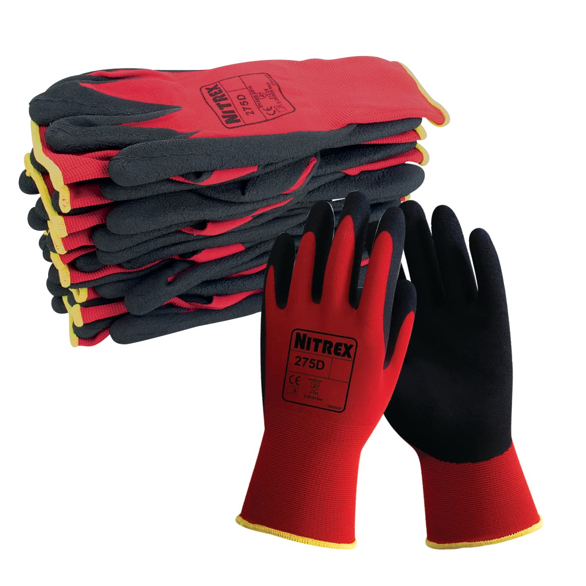 Nitrex 275D Work and Safety Gloves, Bag of 10 Pairs, Size 7 - General Handling Gloves with Foam Latex Palm Coating