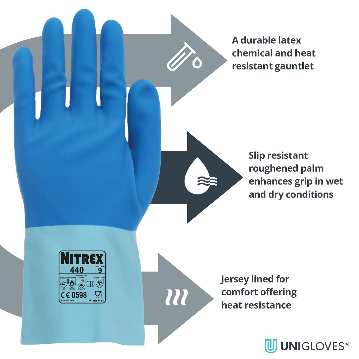 Nitrex 440 Chemical Resistant Safety Gloves, Bag of 10 Pairs, Size 7 - Cotton Lined Chemical and Heat Resistant Latex Gauntlet