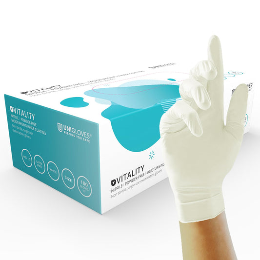 Unigloves Vitality Nitrile GD0031 Moisturising Examination - Multipurpose, Powder and Latex Free Disposable Gloves, Box of 100 Gloves, White, Extra Small