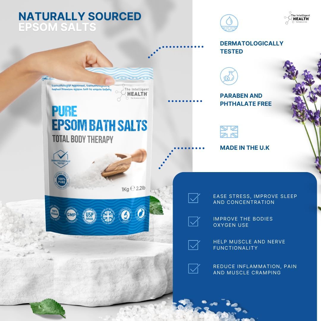 The Intelligent Health Pure Epsom Salts | Magnesium Sulphate Bath Salt, Herbal (1 kg (Pack of 1))