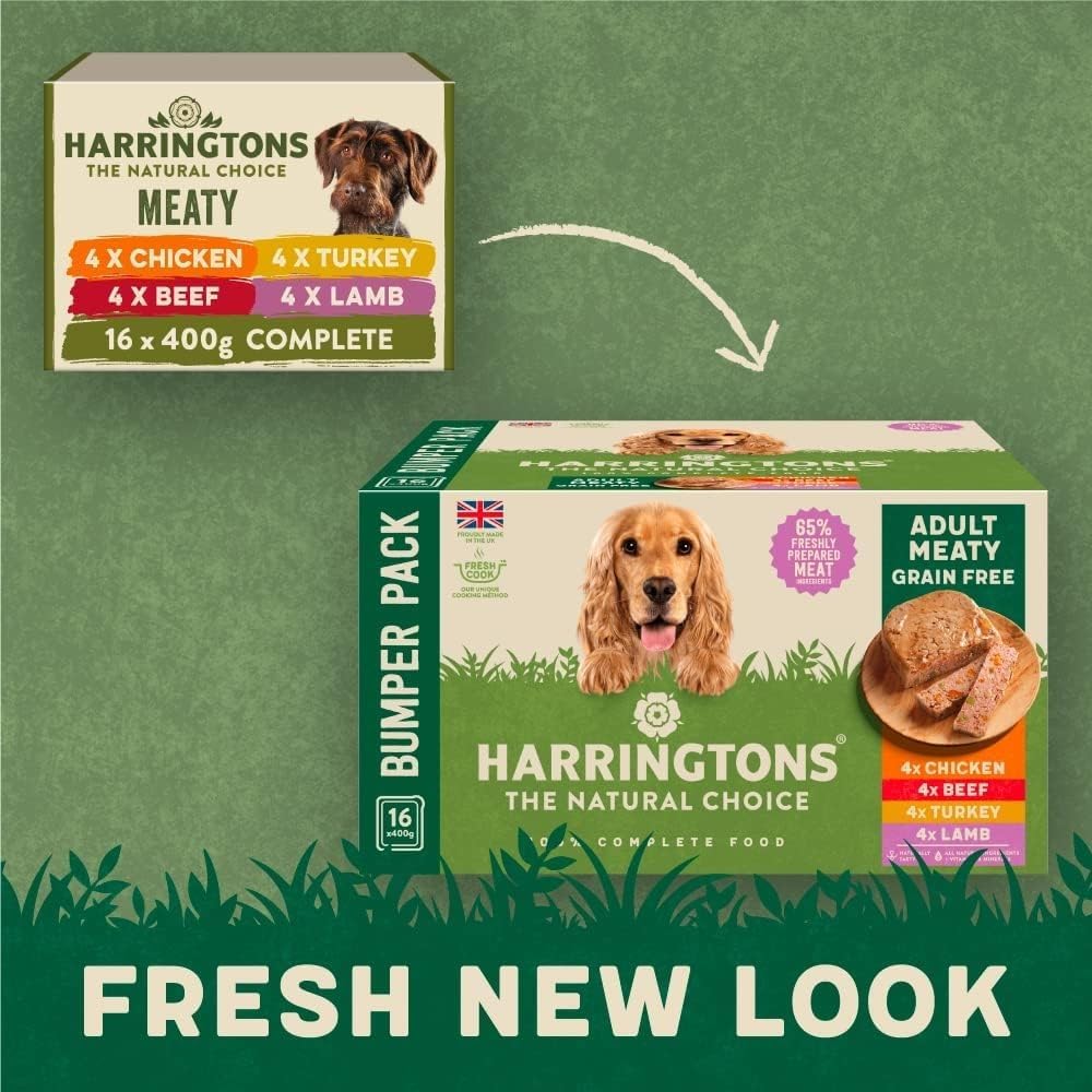 Harringtons Complete Wet Tray Grain Free Hypoallergenic Adult Dog Food Meaty Bumper Pack 16x400g - Chicken, Lamb, Beef & Turkey - Made with All Natural Ingredients