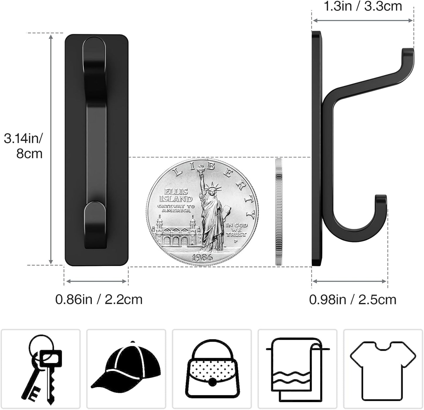 Self Adhesive Hooks, Extra Sticky and Strong, Hanging up to 6KG, Heavy Duty Stick on, No-Nail Hook for Back of Door, Black, 4 Pack