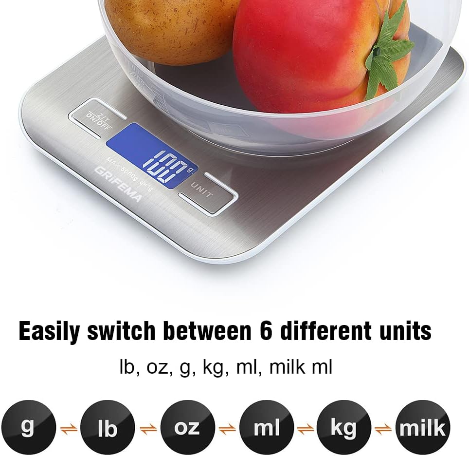 GRIFEMA GA2002 Digital Kitchen Scales, Food Weighing Scales with LCD Display, (1g/5kg) Weight Grams and Oz for Baking and Cooking, Stainless steel (Batteries Included), Blue