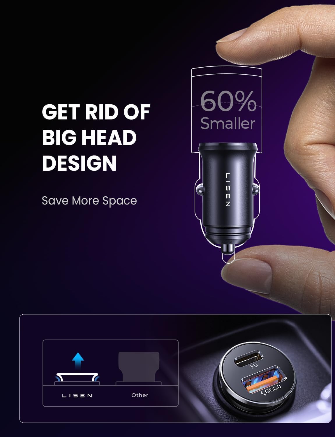 LISEN Car Charger Adapter USB C 54W 12V USB Socket [USBC 36W+USBA 18W] 60W USB C Cable PD3.0 Car Phone Charger Cigarette Lighter USB Charger for iPhone 16 Pro 16e Samsung S25 Ultra Car Accessories