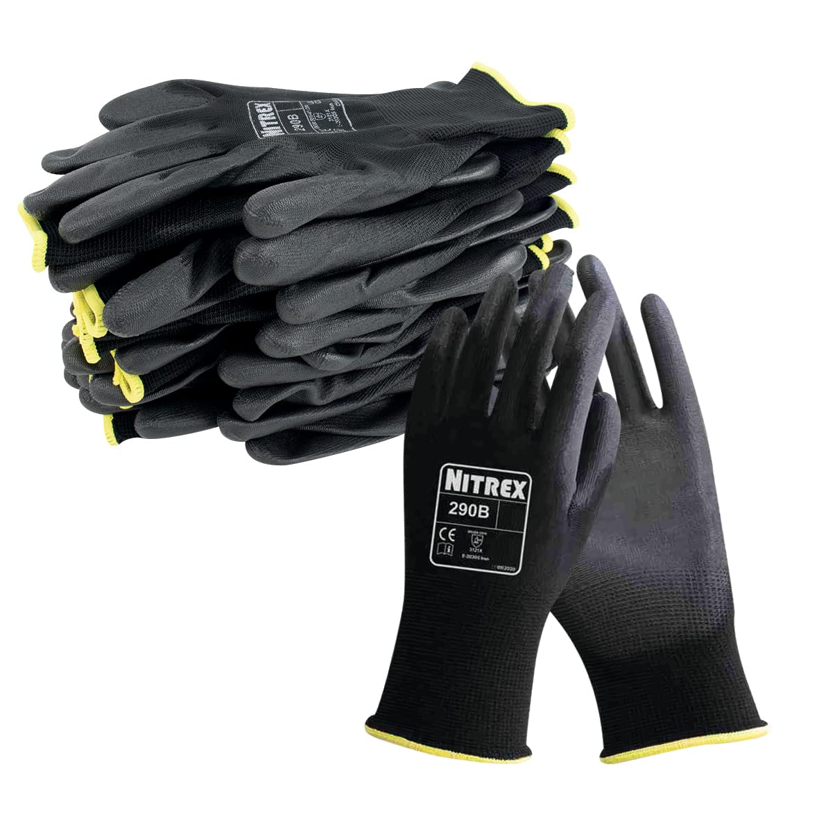NITREX 290B Work and Safety Gloves, 10 Pairs of Black General Handling Gloves with PU Palm Coating, Size 6, Extra Small