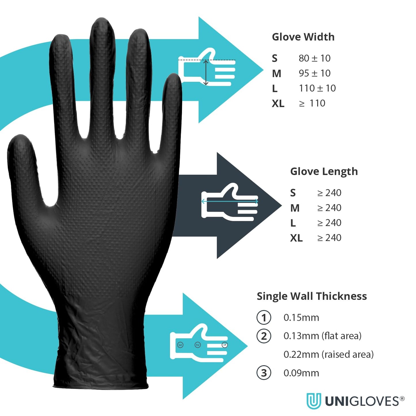 UNIGLOVES PRO.TECT Black Diamond HD, Nitrile Disposable Gloves, Size L GA013