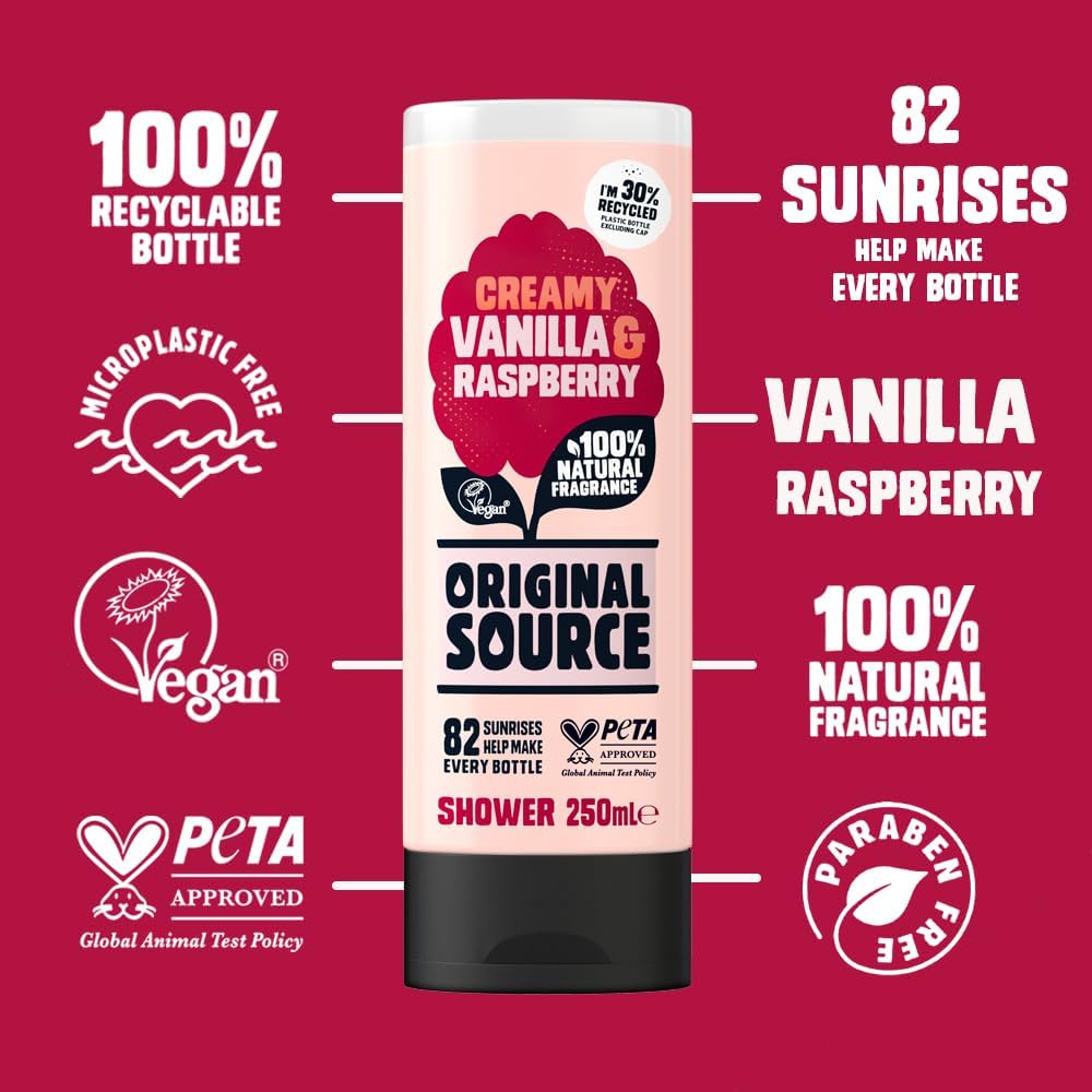 Original Source Vanilla & Raspberry Shower Gel, 100 Percent Natural Fragrance, Vegan, Cruelty Free, Paraben Free, Bulk Buy, Pack of 6 x 250 ml