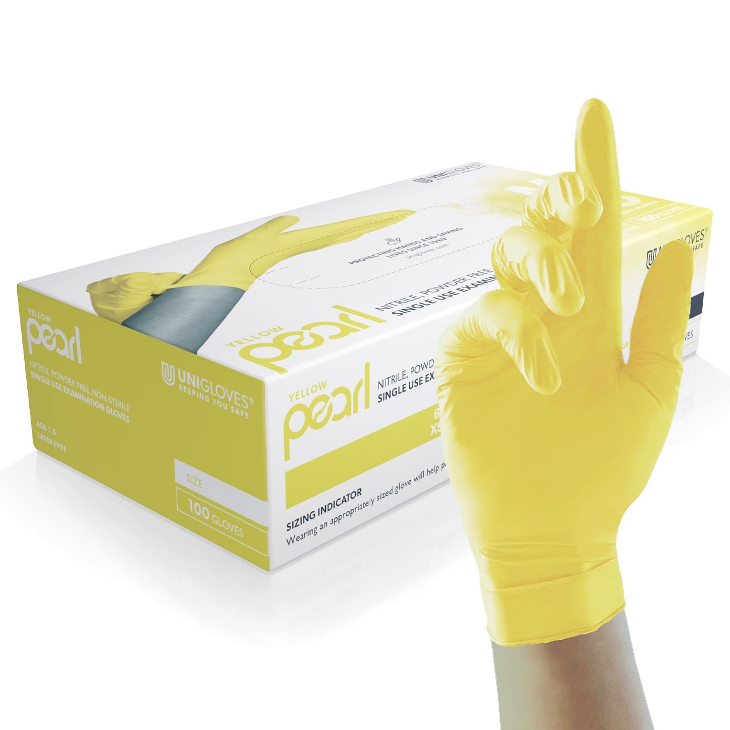 Unigloves Yellow Pearl Nitrile Examination Gloves - Multipurpose, Powder Free and Latex Free Disposable Gloves - Box of 100 Gloves, Yellow, Large (GP0114)