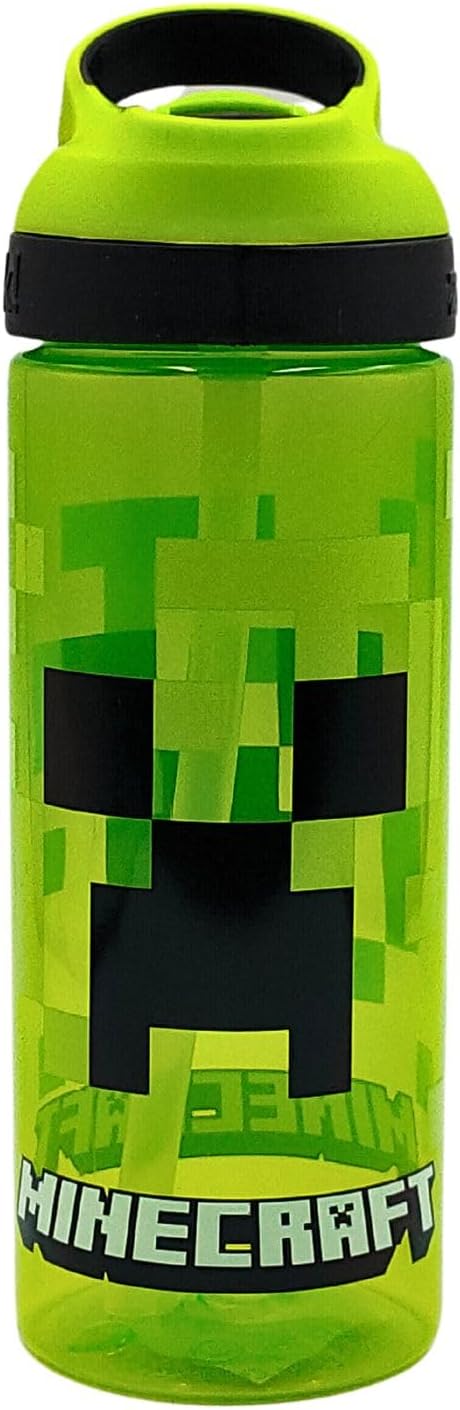 Minecraft Atlantic Creeper Drinks Bottle with Logo | Eco Freindly BPA-free Plastic School Water Bottle with Removable straw, spills Proof | Gift for Minecraft fan | Officially Merch 600ML
