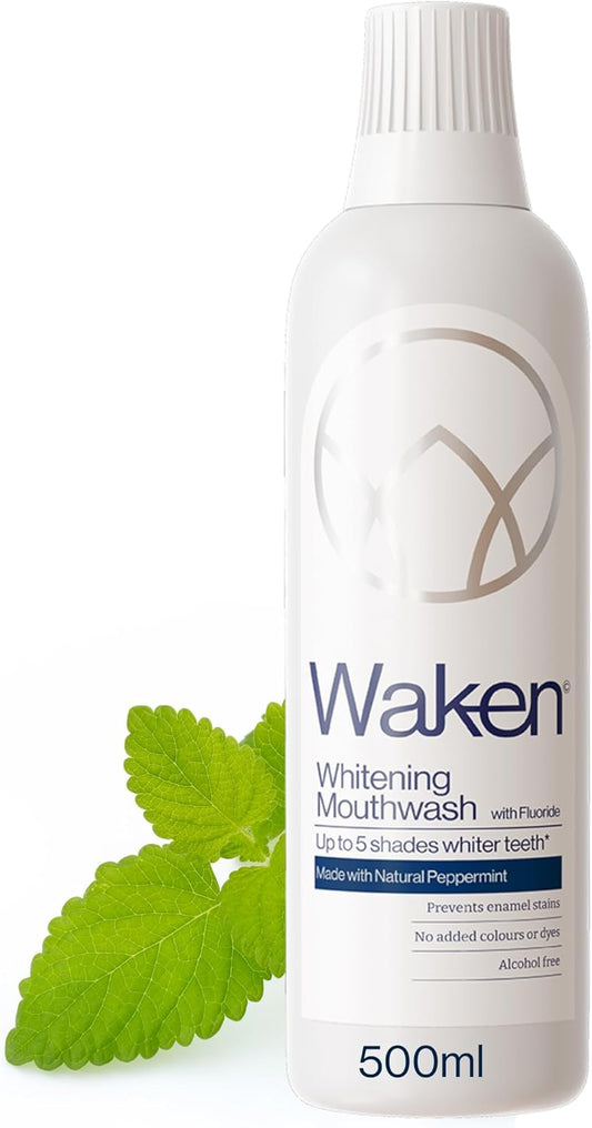 Waken Whitening Mouthwash, with Added Fluoride, Prevents Enamel Stains, Helps Protect Against Cavities and Reduce Plaque, Alcohol-Free, Vegan, Recycled Packaging, Natural Peppermint Flavour, 500ml