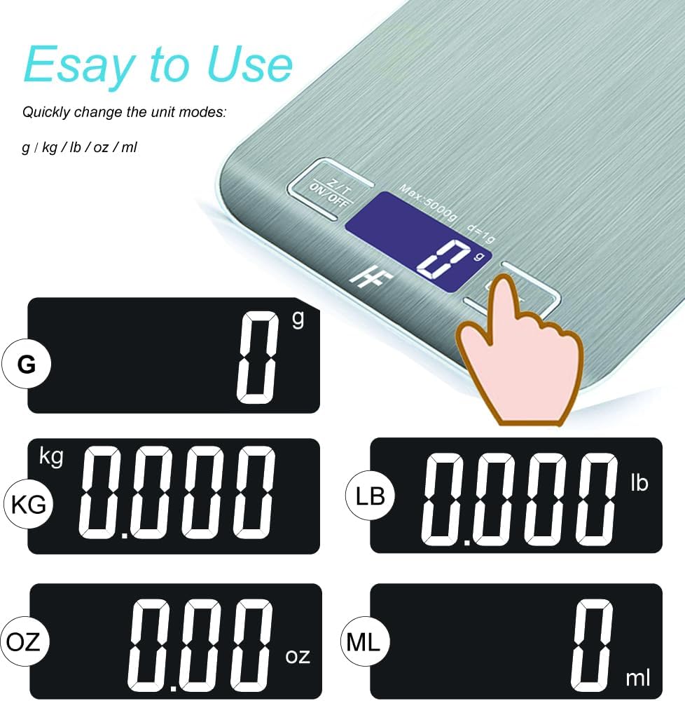 HomeFashion 5kg 1g 11lb Digital Kitchen Scales Food Scale with stainless steel Platform Electronic Cooking Backlit LCD Display Multifunction for Home and Office Use