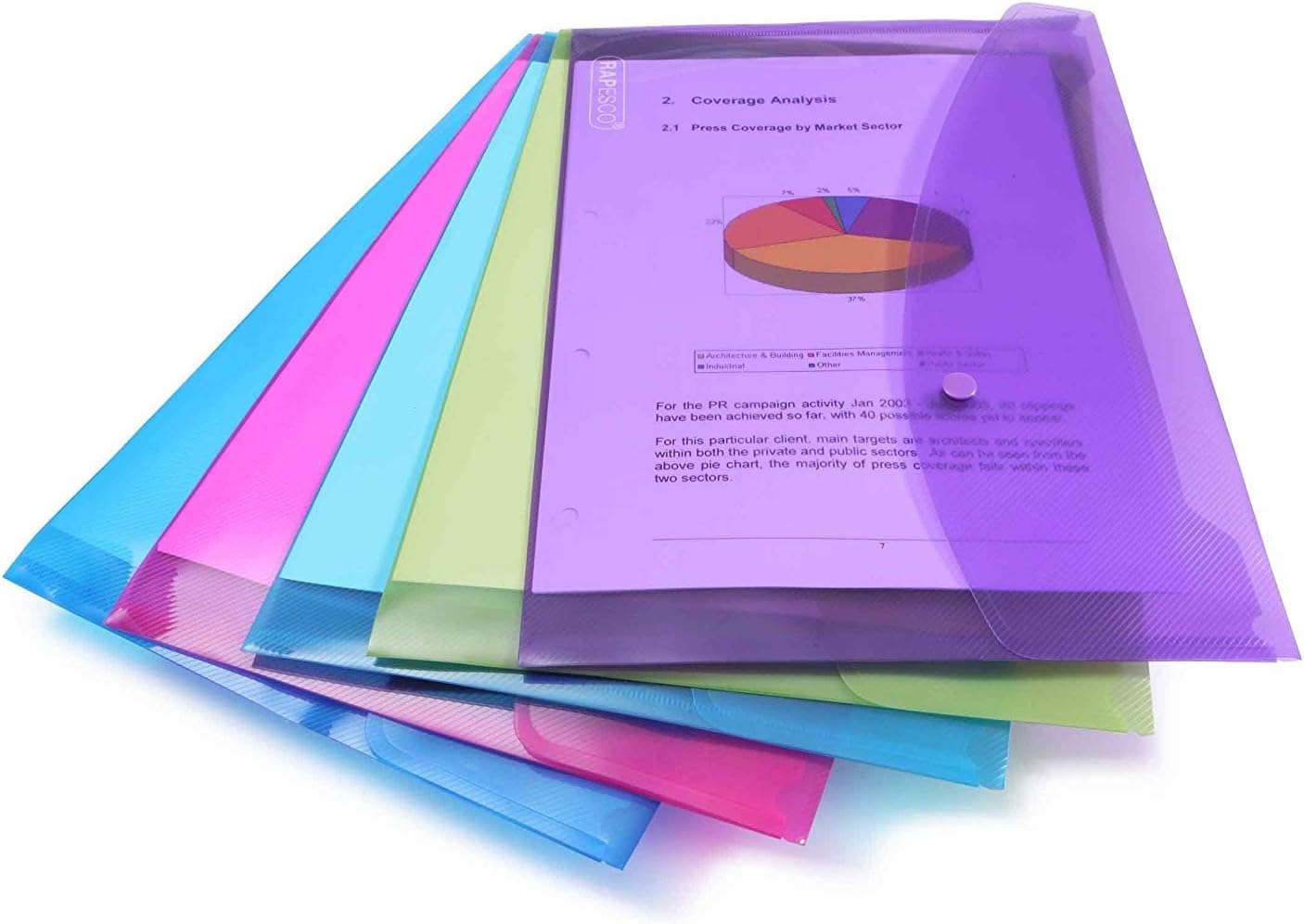 Rapesco 1630 High-Capacity Ring Binder Popper Wallet, A4, Transparent Assorted Colours, Pack of 5
