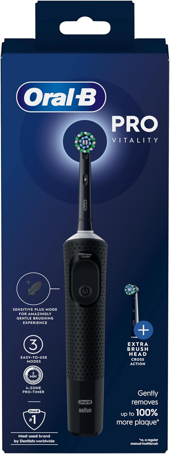 Oral-B Vitality Pro Electric Toothbrushes for Adults, for Him/Her, 1 Handle, 2 Toothbrush Heads, 3 Brushing Modes Including Sensitive Plus, 2 Pin UK Plug, Black (Packing May Vary)