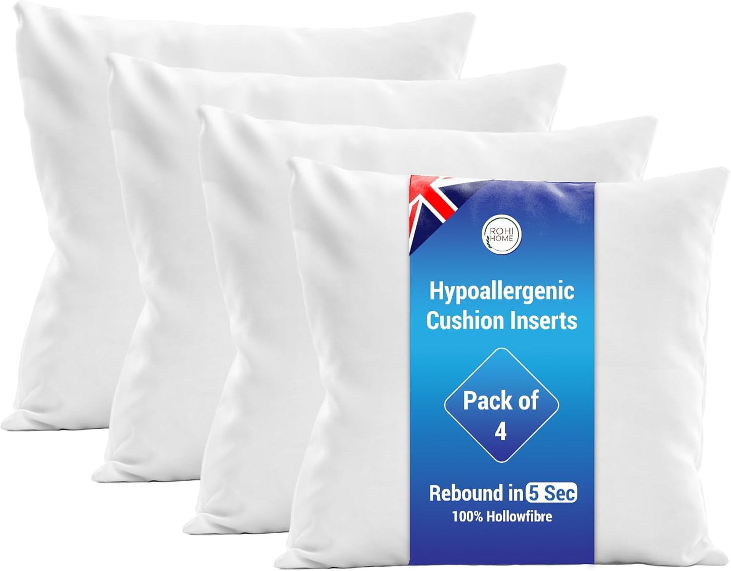 Rohi Set of 4 Hypoallergenic Cushion pads 45cm x 45cm - White polyster square Cushions - Standard stuffer pack of Cushion inserts 45cm x 45cm (Pack of 4 | 18"x18")
