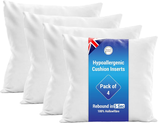 Rohi Set of 4 Hypoallergenic Cushion pads 45cm x 45cm - White polyster square Cushions - Standard stuffer pack of Cushion inserts 45cm x 45cm (Pack of 4 | 18"x18")