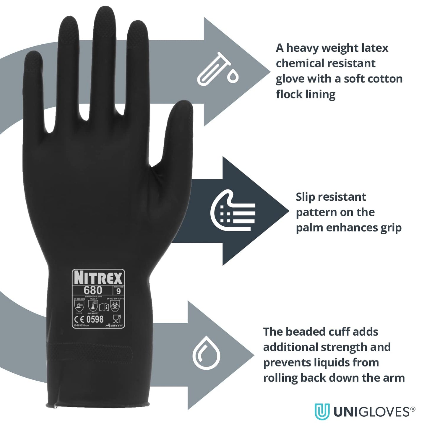 NITREX 680 Chemical Resistant Safety Gloves, Bag of 10 Pairs - Flock Lined Latex Chemical Resistant Gauntlet Gloves in Black, Size 6